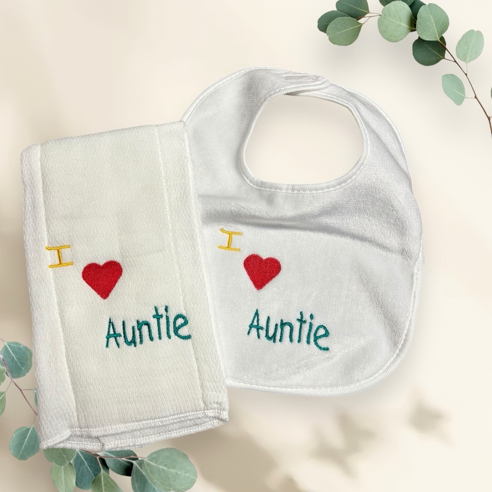 Handmade I Heart Auntie Burp Cloth and Bib set